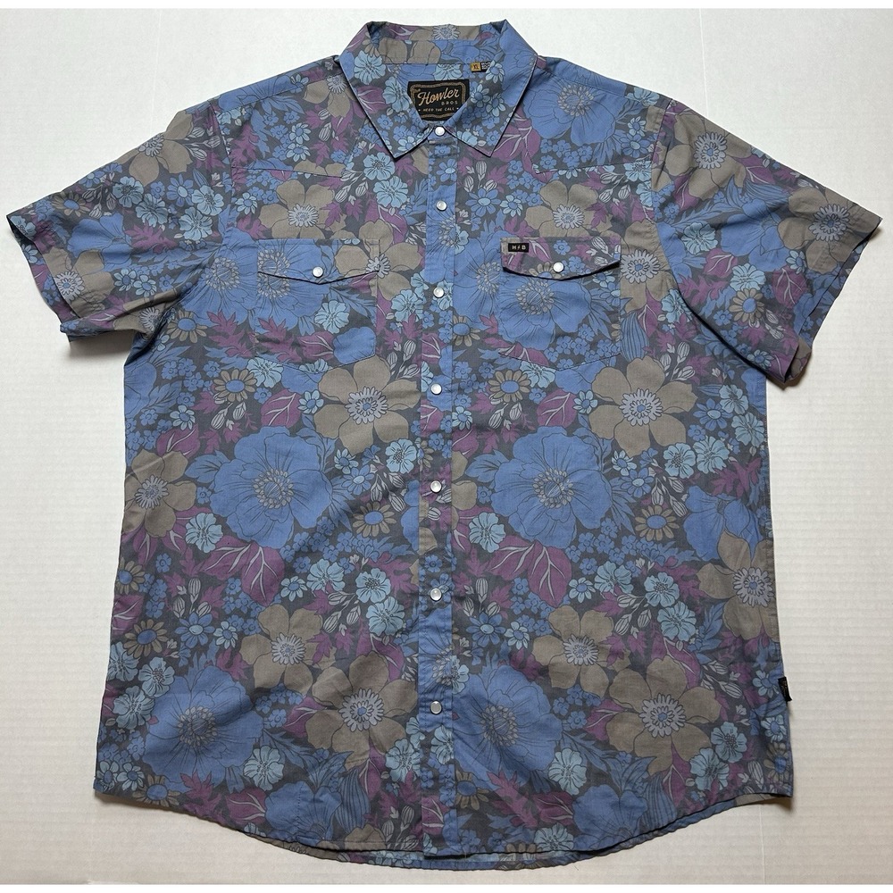 Howler Brothers H Bar B Shirt Men's XL Flower Power Blues Snap Short Sleeve